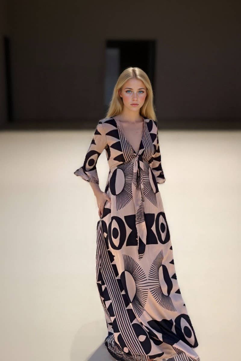 CWDMD945_V-NECK PRINTED LACE-UP LOOSE MID-SLEEVE DRESS