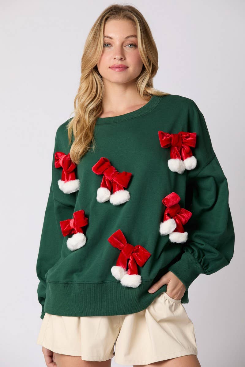 CWTBLL01275_CHRISTMAS BOW DECOR PULLOVER SWEATSHIRT