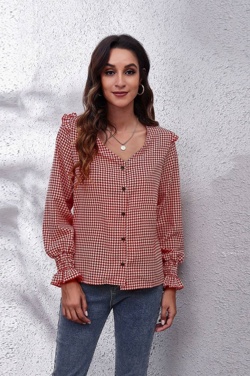 CWTTL1394_V-Neck Casual Long Sleeve Print Top