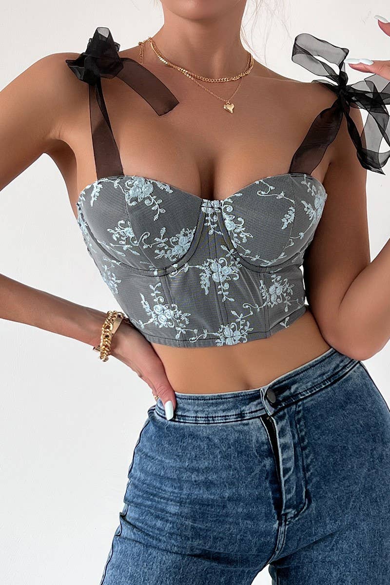 CWTTK0739_EMBROIDERED BACKLESS LACE-UP HERRINGBONE VEST