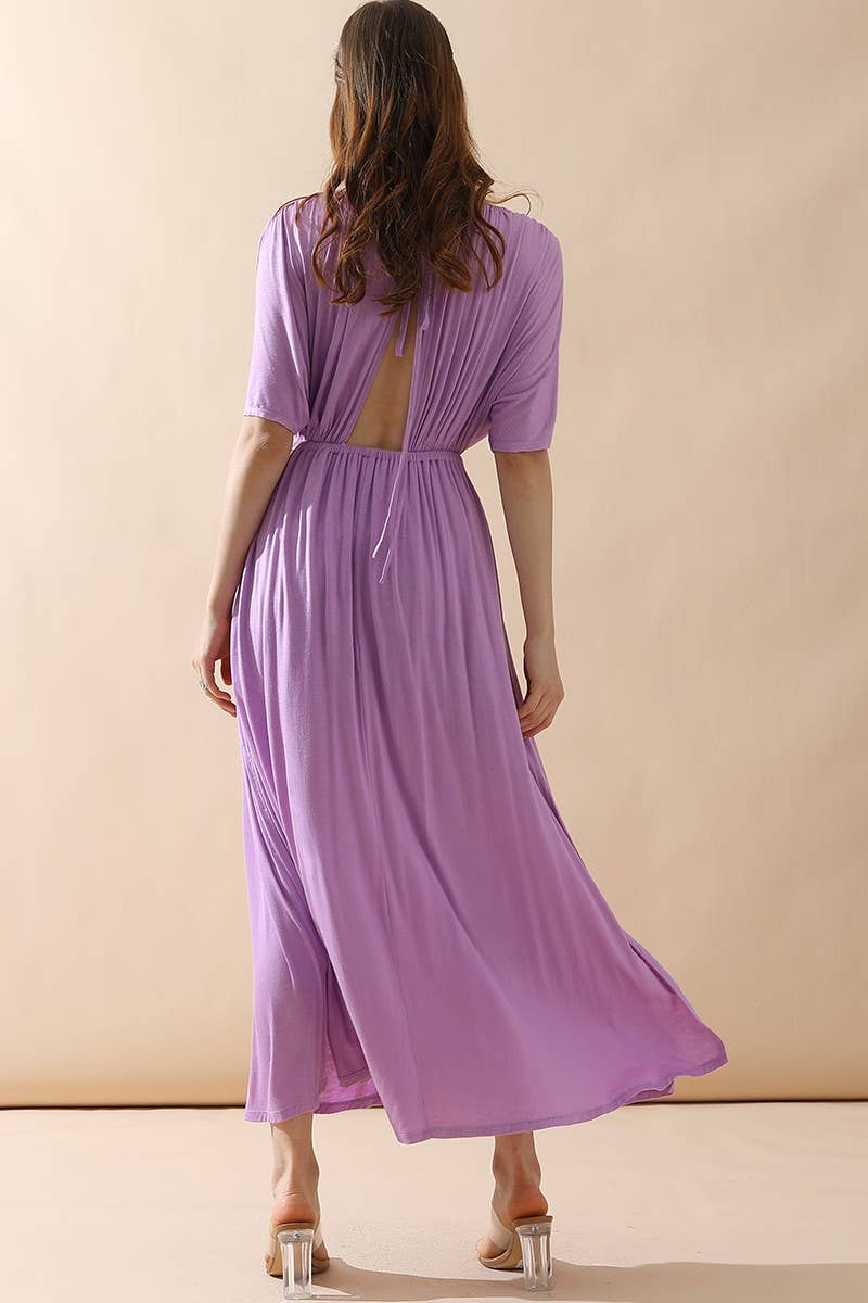 CWDMD825_V NECK BACK BOW TIE EMPIRE MAXI DRESS