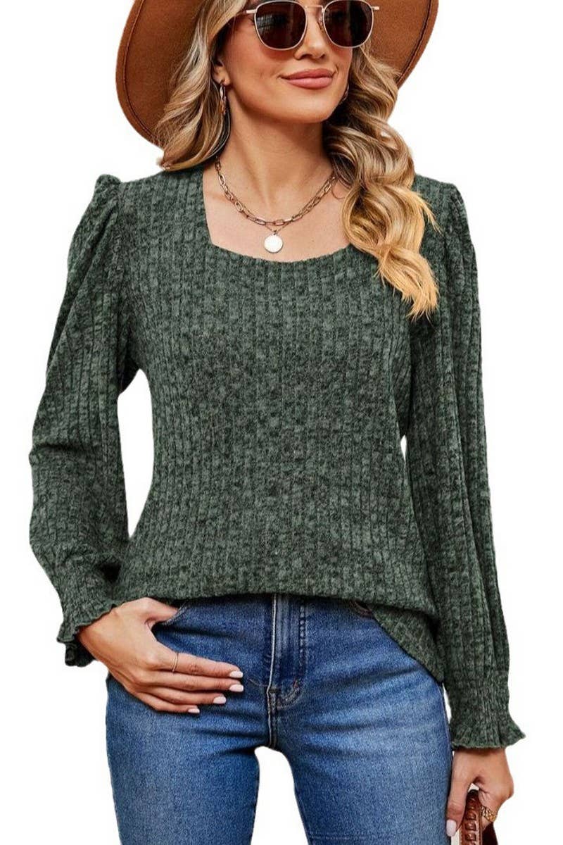 CWTBLL2404_SQUARE NECK LONG SLEEVE RIBBED RUFFLE SLEEVE TOP