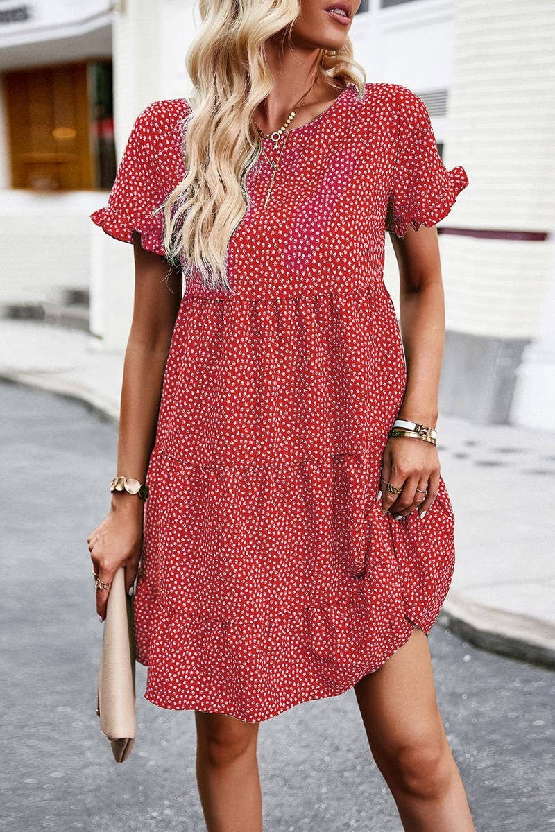 CWDSD2333_Round Neck Floral Ruffle Short Sleeve Dress