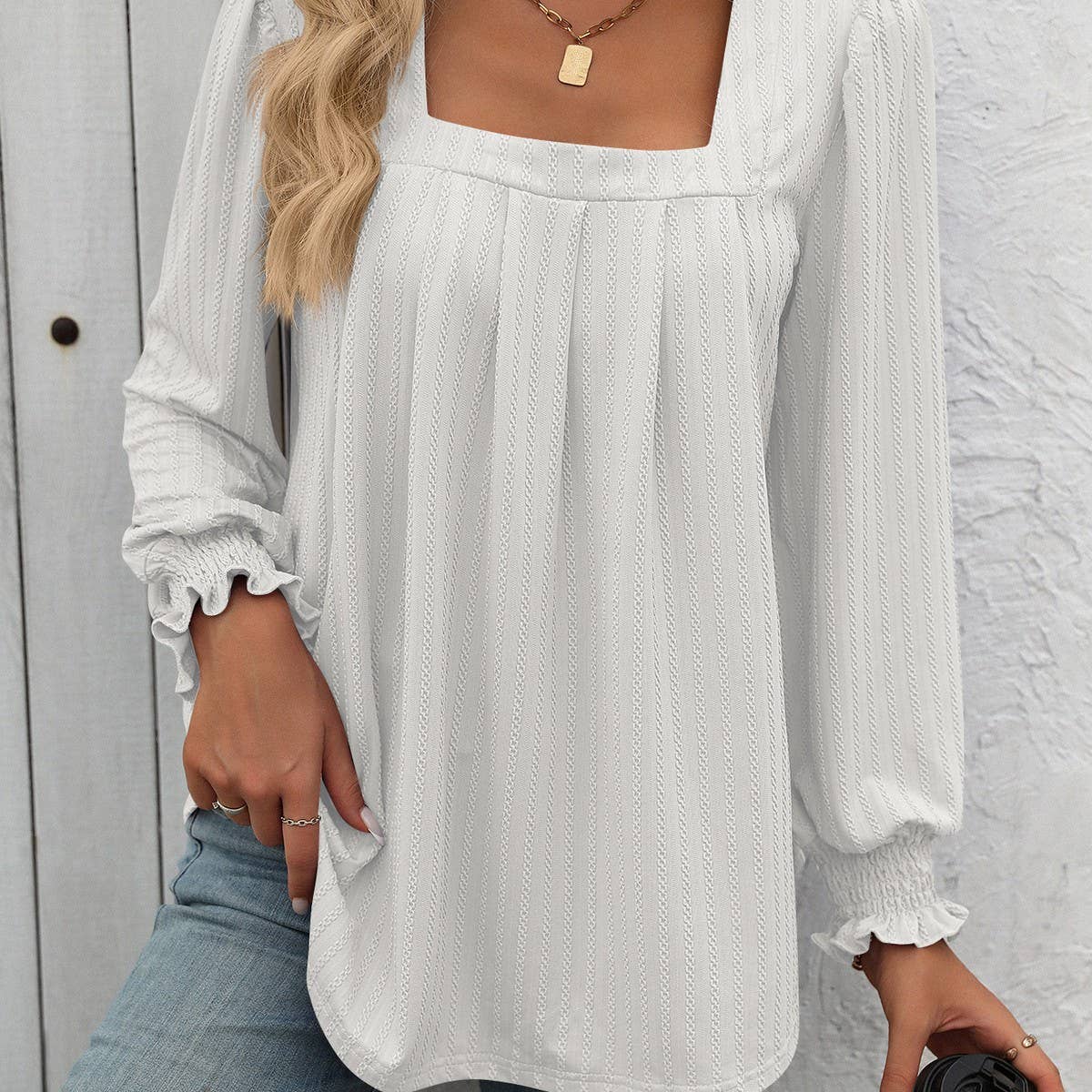 Casual square neck pleated long sleeve T-shirt