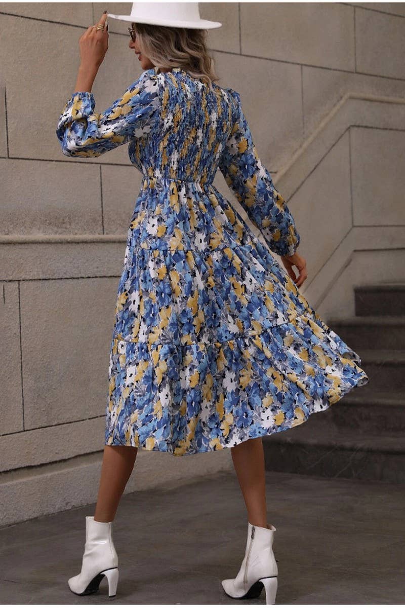 CWDMD4099_PRINTED PLEATED LONG SLEEVE CAKE DRESS