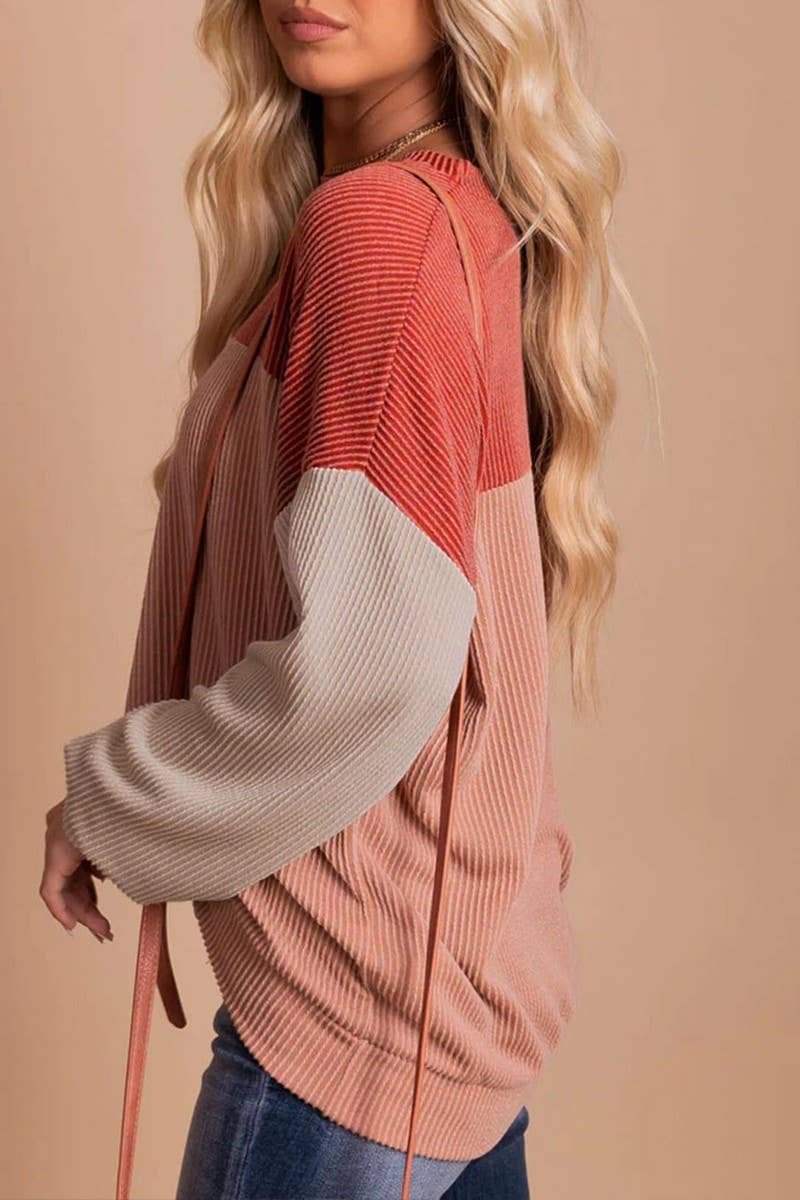 CWTBLL1828_ROUND NECK TWISTED STRIPE COLOR BLOCK LOOSE TOP