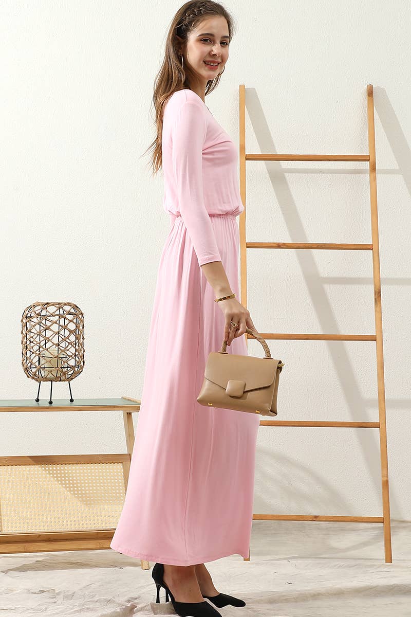 CWDMD797-P_PLUS SIZE ROUND NECK MAIX LONG SOLID DRESS