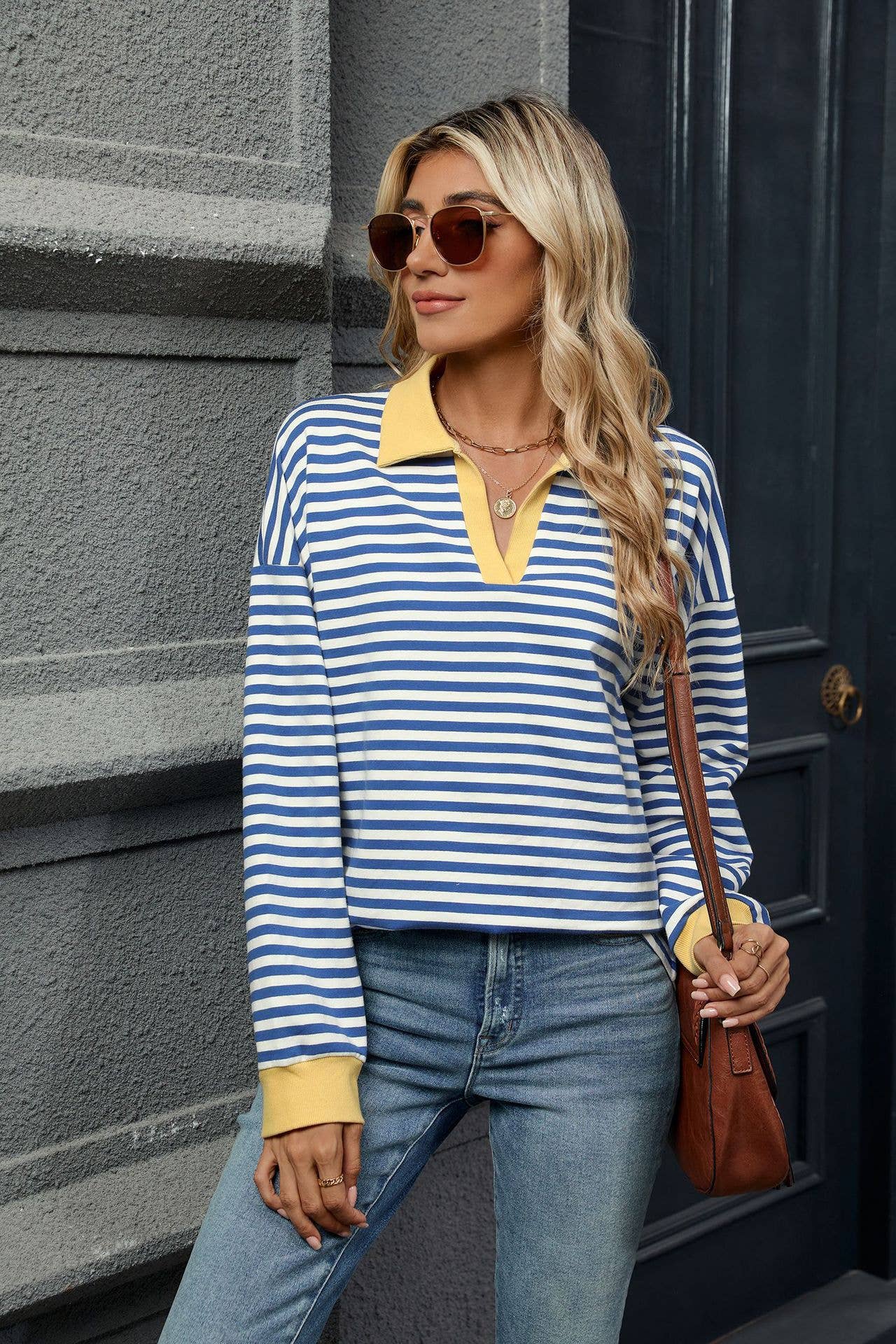 Color-blocking lapel long-sleeved striped hoodie