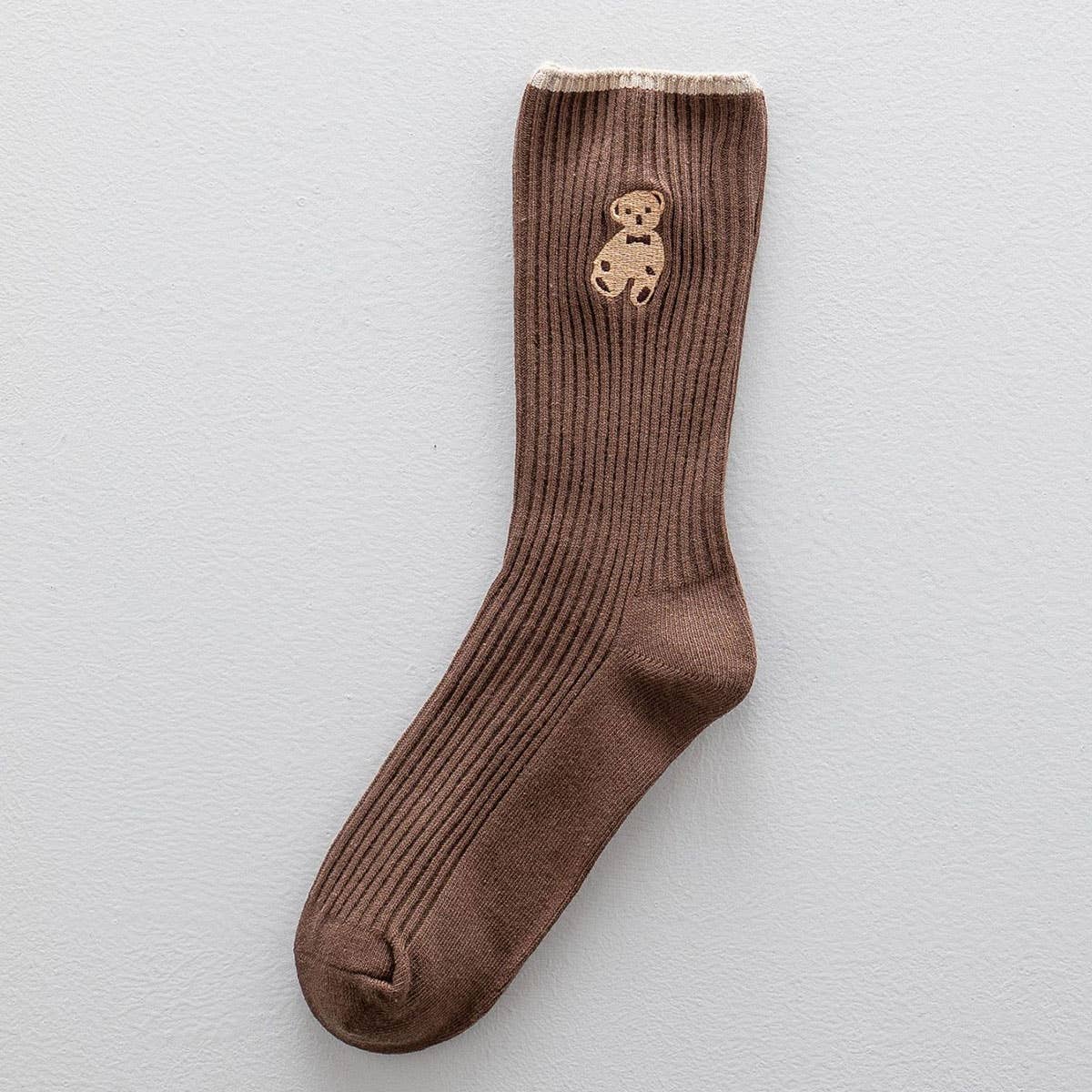 Brown Bear Embroidery Cotton Crew socks_CWMS1352
