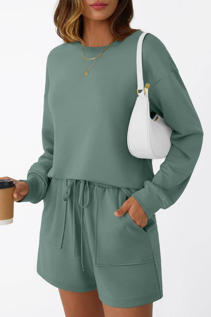 CWSTB00405_CREW NECK LONG SLEEVE SHORTS TWO-PIECE HOODIE SET