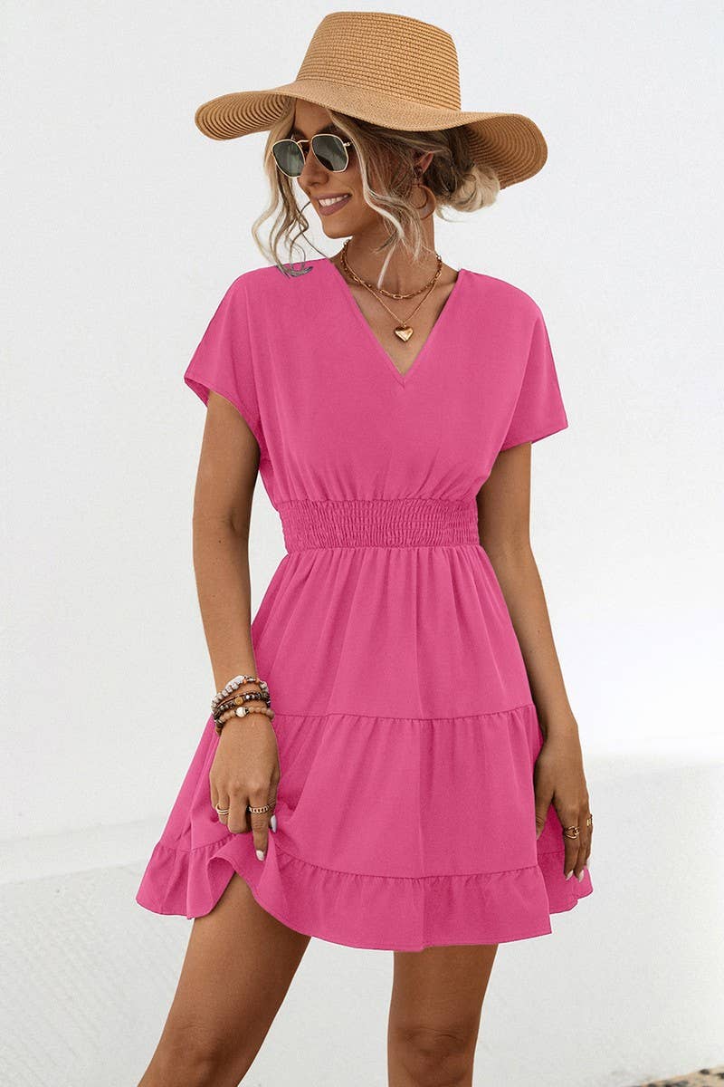 CWDSD4949_CASUAL V-NECK SOLID COLOR SHORT DRESS