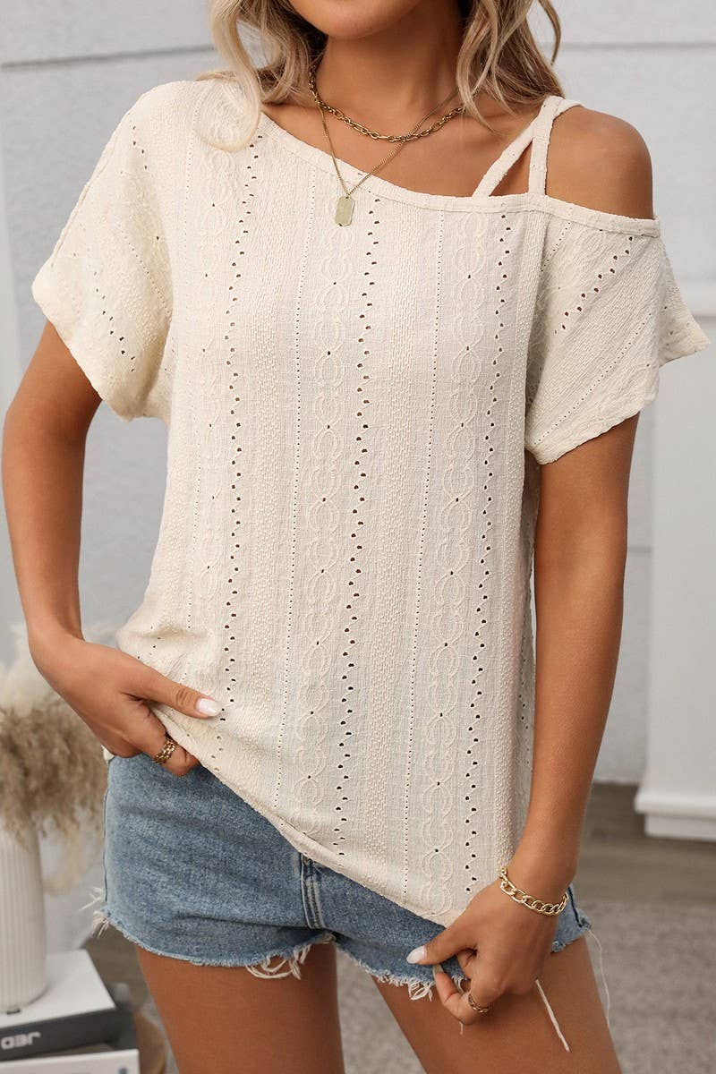 CWTBLS1717_SOLID COLOR ONE SHOULDER HOLLOW SHORT SLEEVE TOP