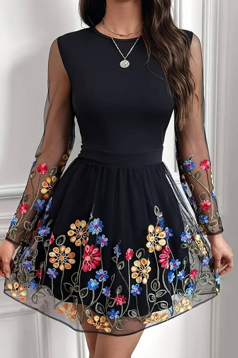 CWDSD8868_FASHION PRINTED MESH LONG SLEEVE DRESS