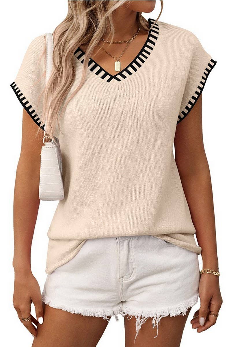CWOSWSL0155_V-NECK CAP SLEEVE KNIT PULLOVER SWEATER VEST