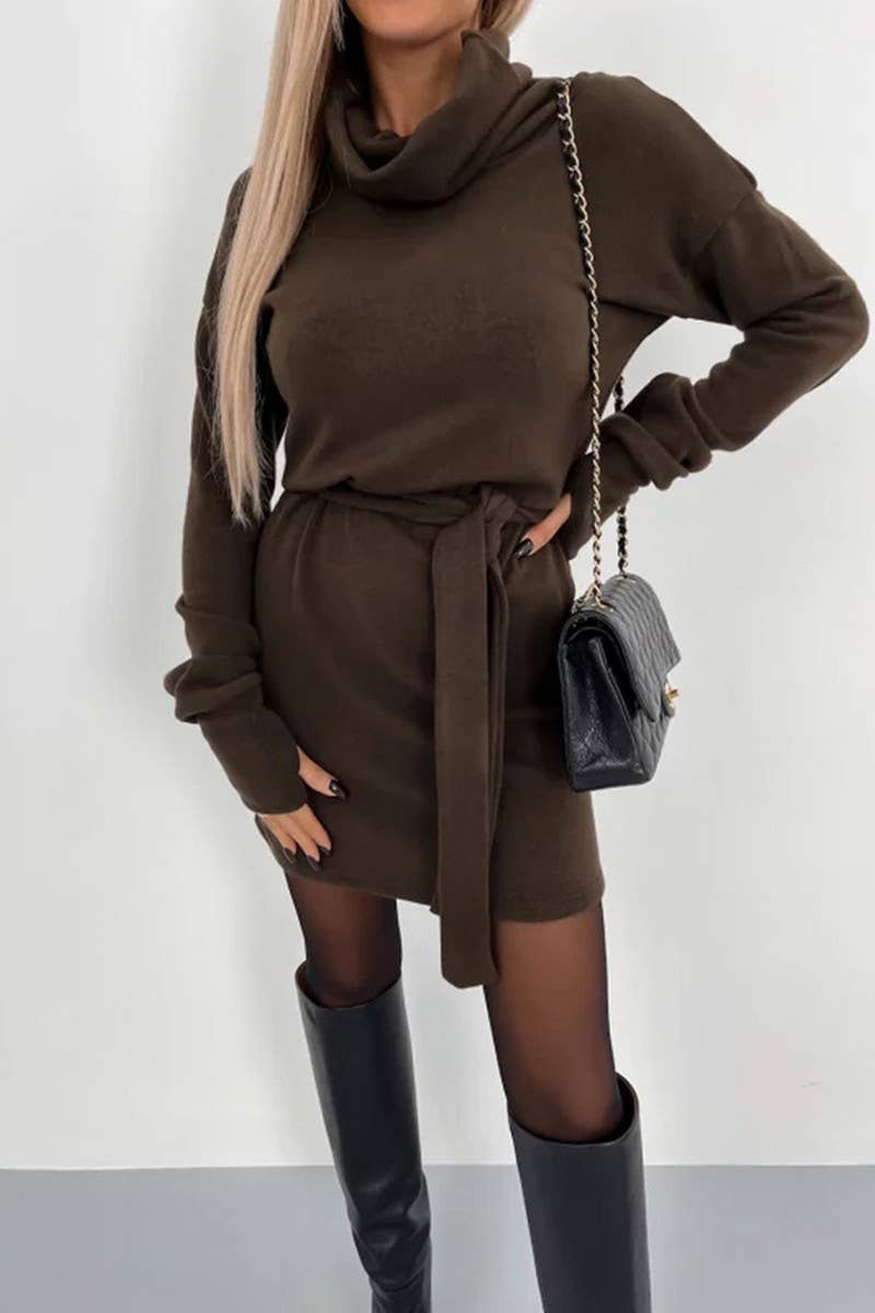 CWDSD10863_SOLID COLOR HIGH COLLAR WAIST KNITTED DRESS