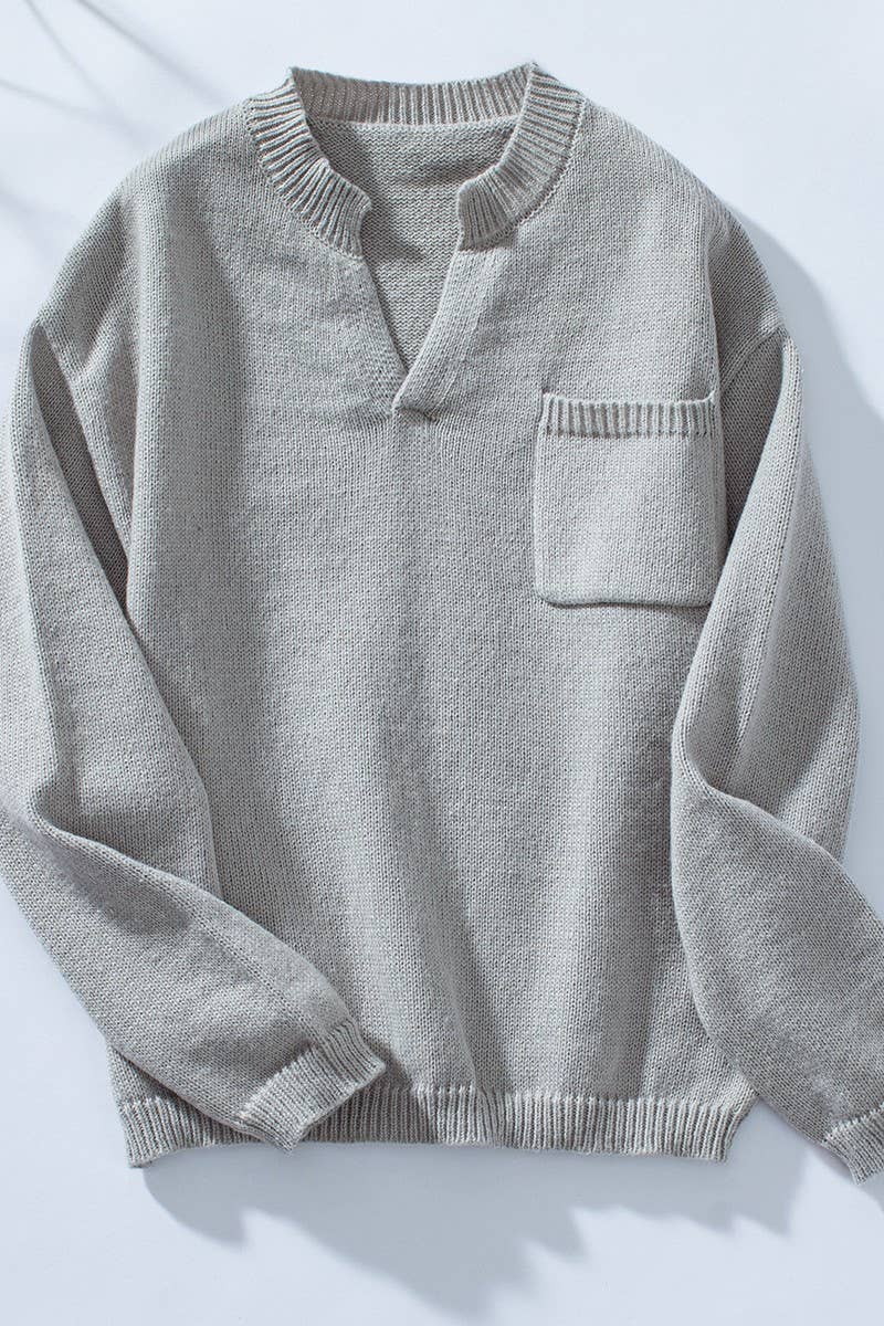 CWOSWL6942_SOLID POCKET LOOSE FIT V-NECK KNIT SWEATER