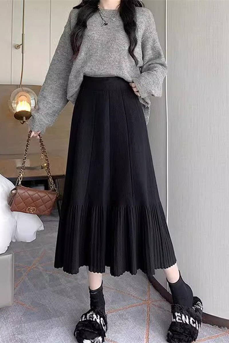CWBLS0298_SOLID COLOR HIGH WAIST PLEATED KNITTED SKIRT