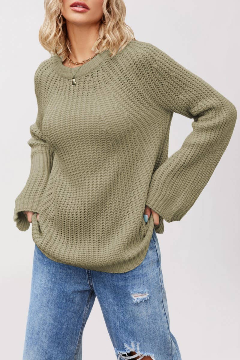 CWOSWL6853_ROUND NECK TRUMPET SLEEVE SOLID COLOR SWEATER