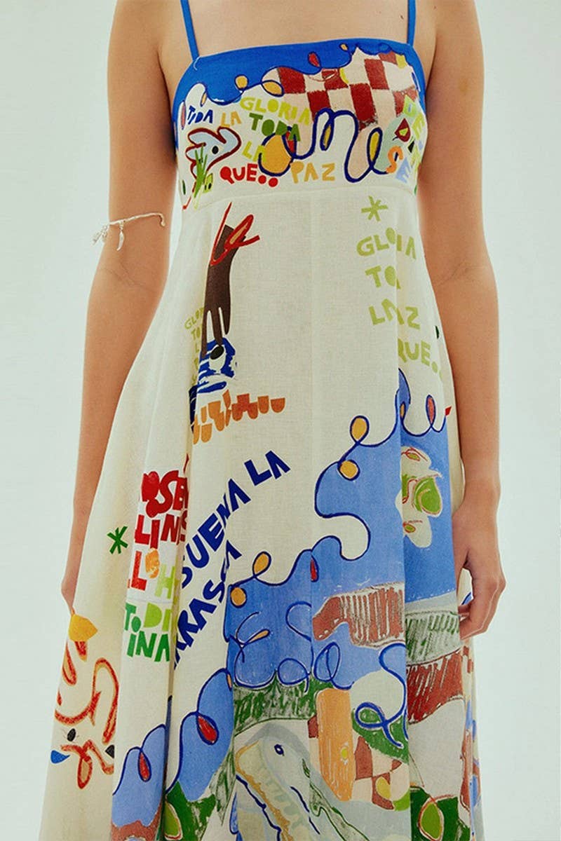 CWDMD5149_BACKLESS COTTON LINEN GRAFFITI MAXI DRESS