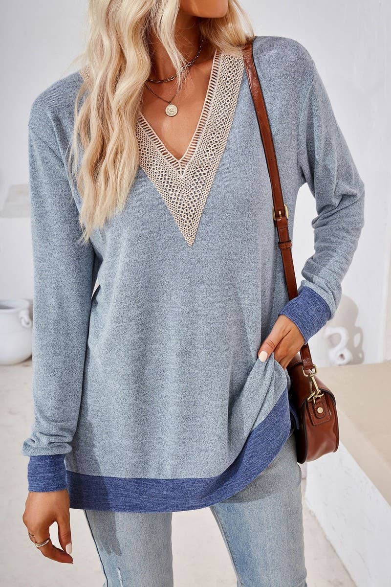 CWTBLL3660_AUTUMN NEW V-NECK LACE SOLID COLOR LOOSE T-SHIRT