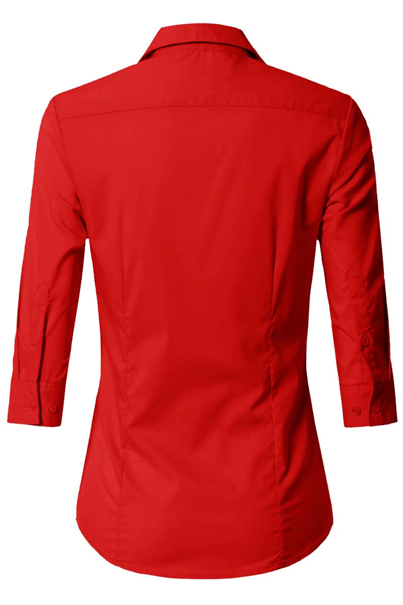 CWTSTS116_Basic Slim Fit Simple 3/4 Sleeve Button Down Shirt