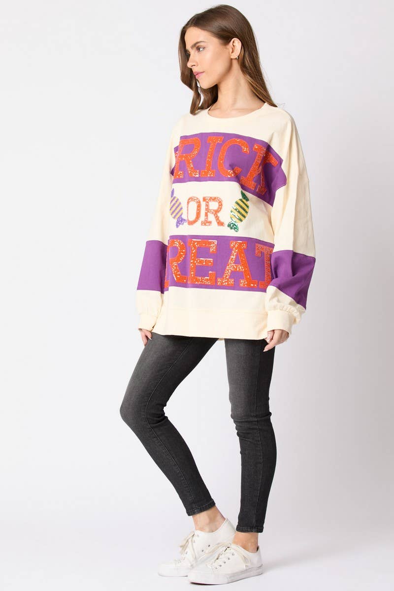 CWTBLL01243_HALLOWEEN LETTER SEQUIN COLORBLOCK SWEATSHIRT