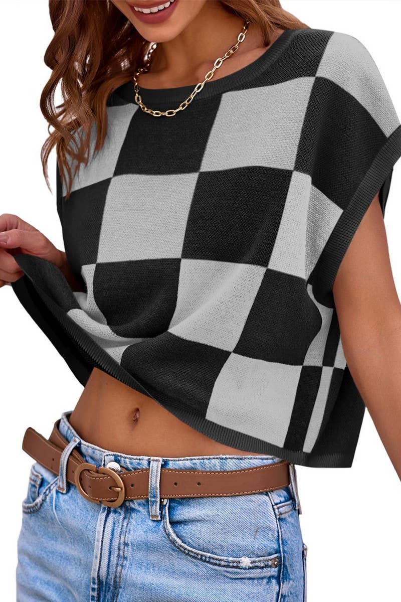 CWOSWS0123_ROUND NECK NAVEL BLOCK CHECKERED KNIT TOP