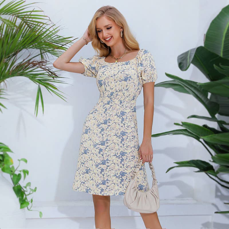 Crew neck print slim-fit dress with puffy sleeves