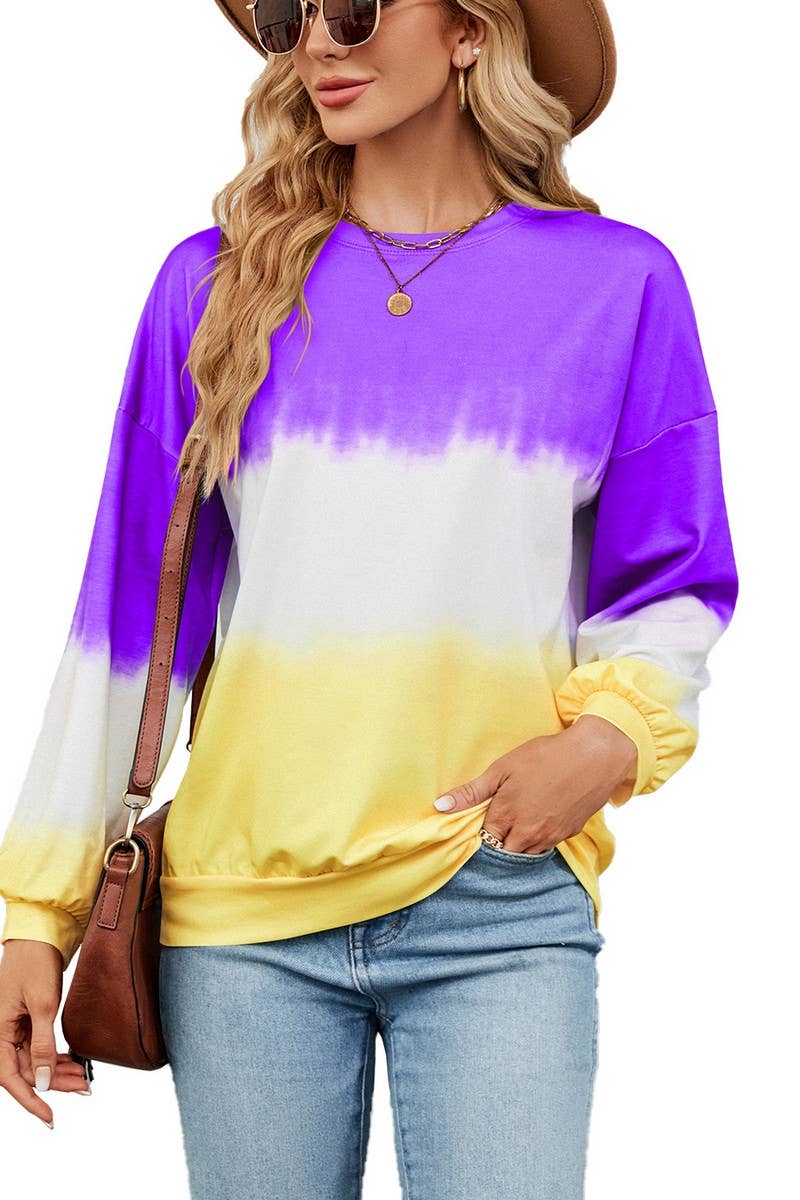CWTBLL2414_TIE-DYE CONTRAST COLOR CREW NECK LONG SLEEVE TOP