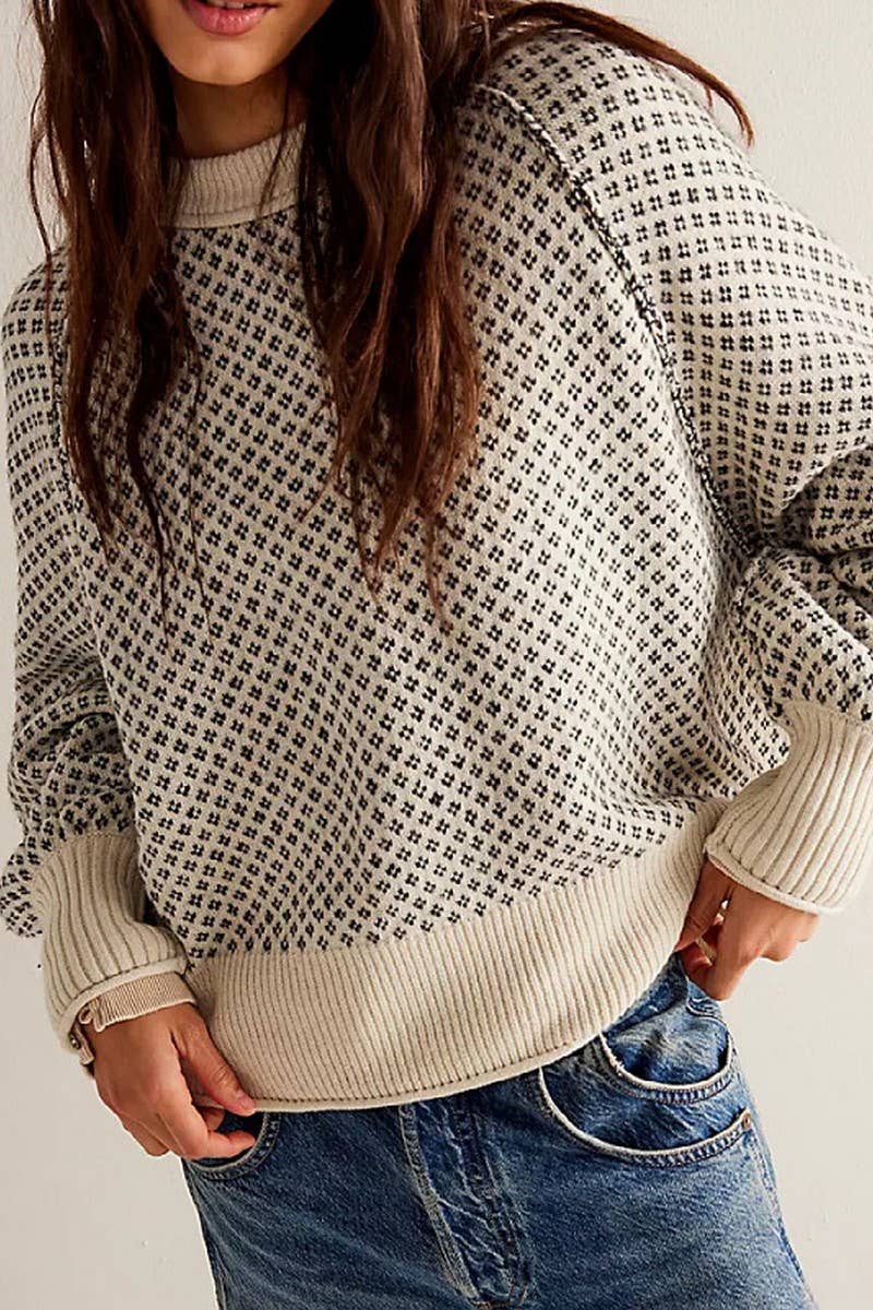 CWOSWL6263_PULLOVER JACQUARD LONG-SLEEVED CREW NECK SWEATER
