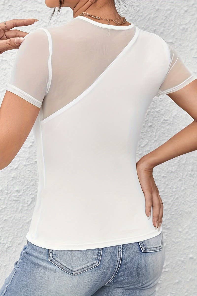 CWTBLS1535_SOLID COLOR SHORT-SLEEVED MESH PATCHWORK TOP