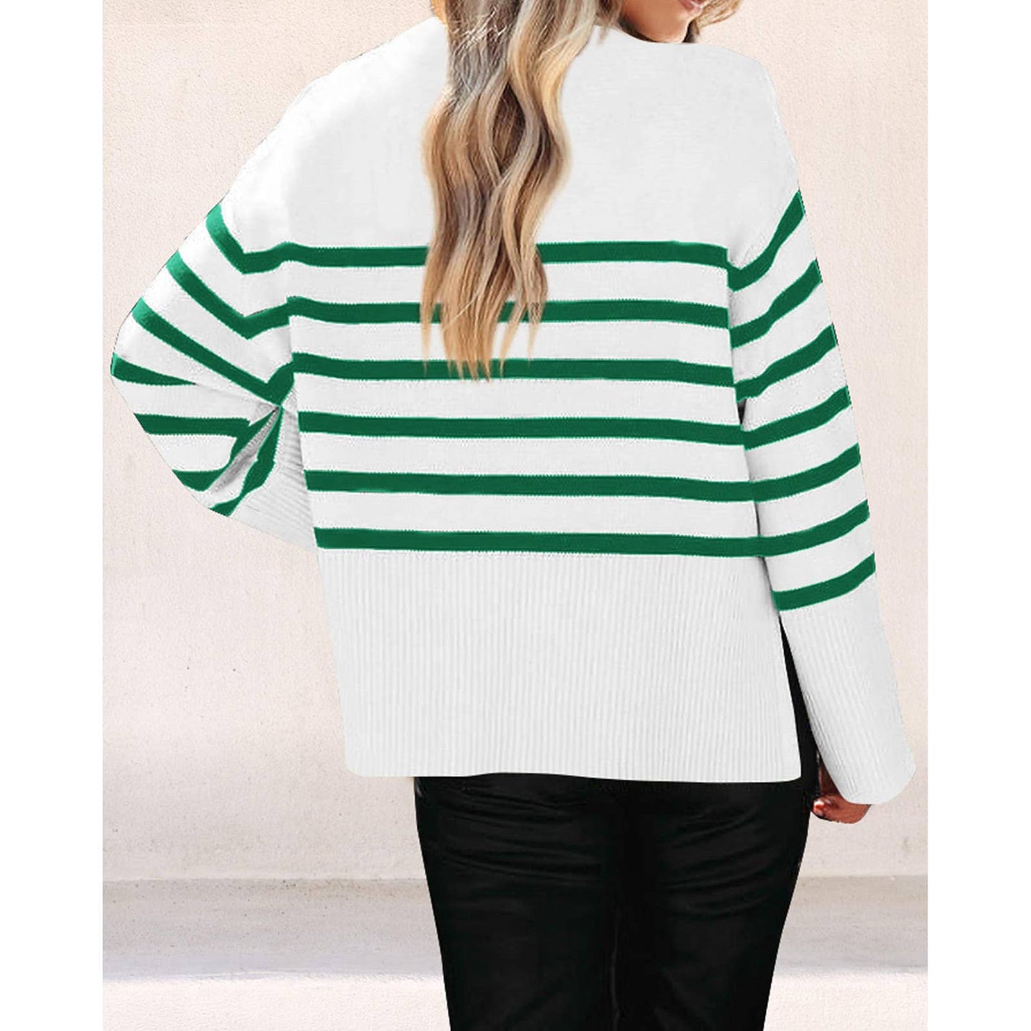 Crew-neck loose striped sweater with fat sleeves