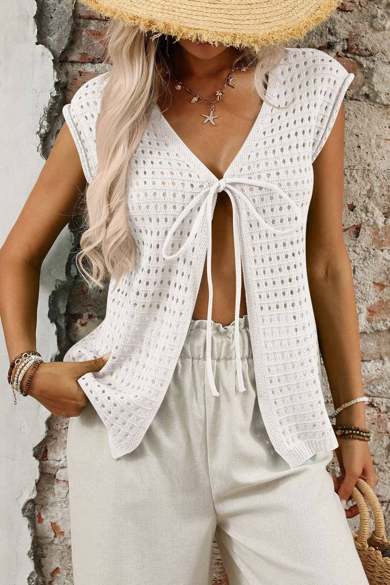 CWTTS1369_BOHEMIAN HOLLOW KNIT CARDIGAN LACE-UP BLOUSE