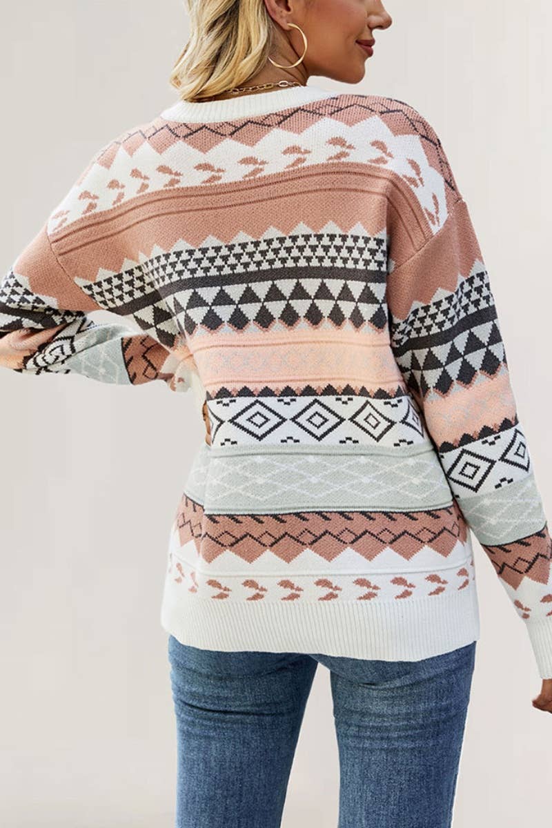 CWOSWL5878_KNITTED DIAMOND SHAPE LONG-SLEEVED SWEATER