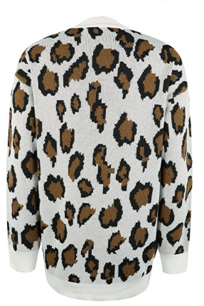 COLOR CONTRAST LEOPARD POCKET KNIT CARDIGAN