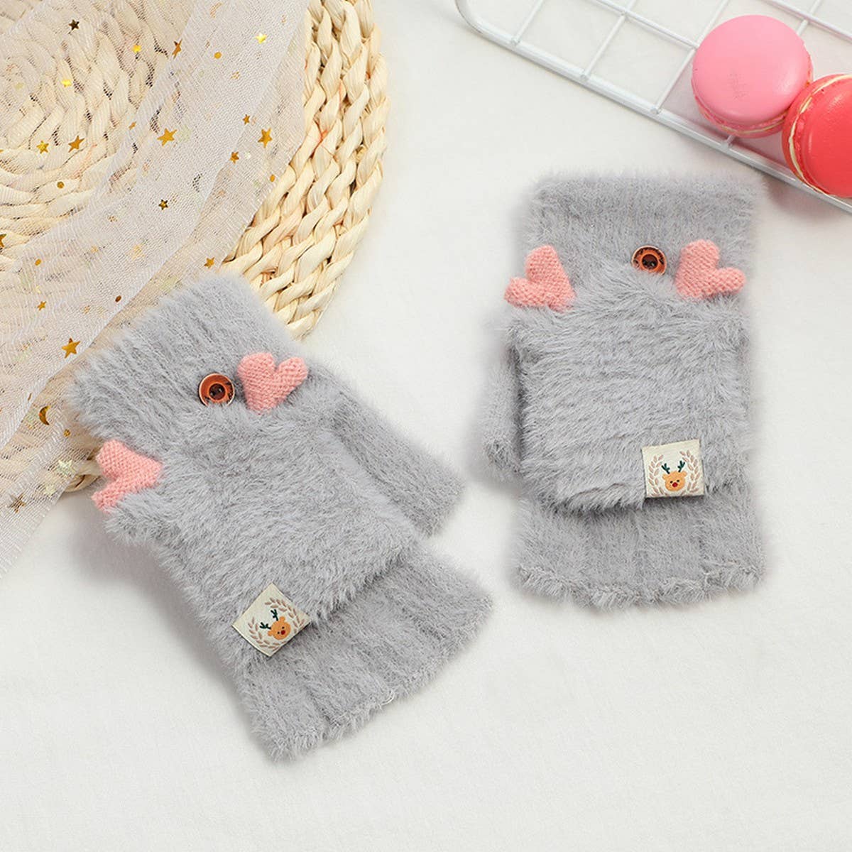 CUTE ELK ANTLER WARM HALF FINGER FLAP GLOVES_CWAG0160