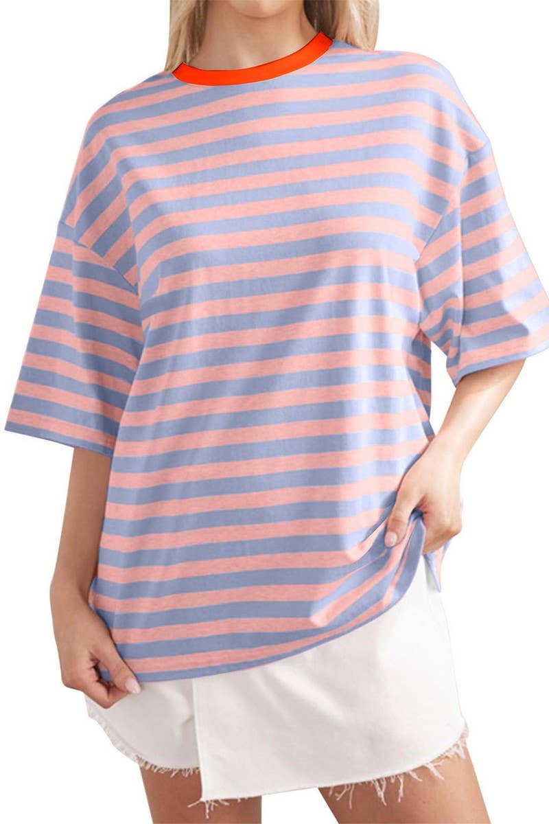 CWTTS1079_CASUAL ROUND NECK STRIPED PRINTED T-SHIRT