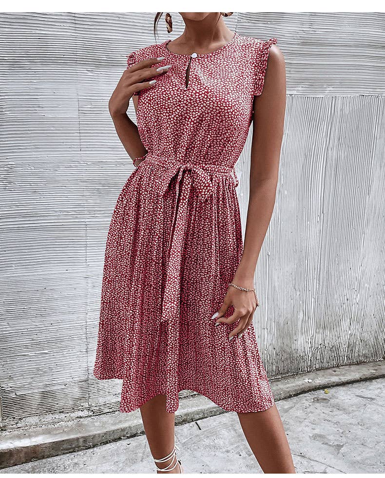 CASUAL LACE-UP GREEN FLORAL PLEATED DRESS