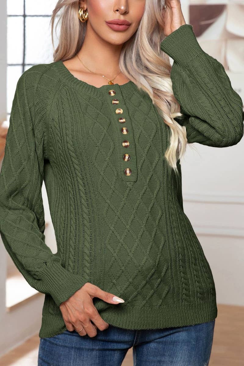 CWOSWL6372_CASUAL BUTTON-UP LONG-SLEEVED KNIT SWEATER