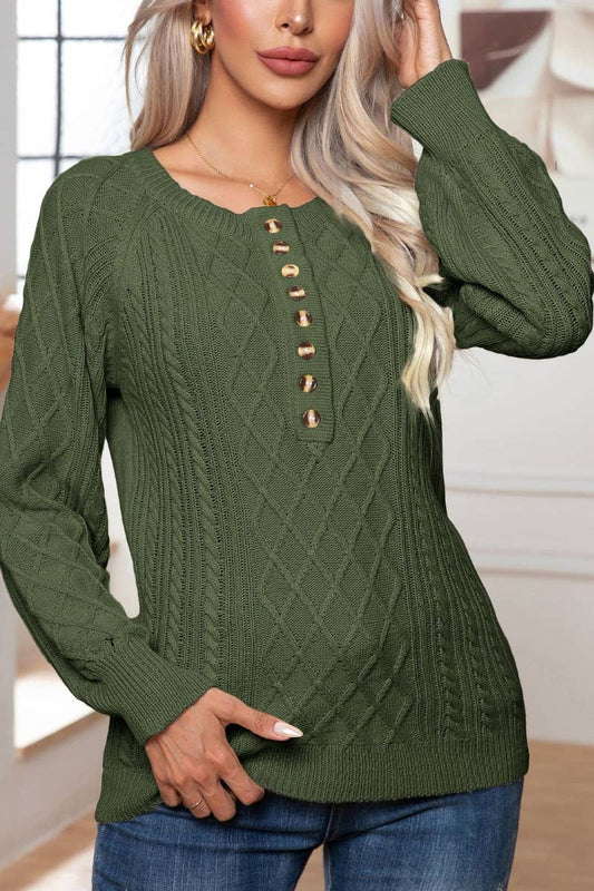 CWOSWL6372_CASUAL BUTTON-UP LONG-SLEEVED KNIT SWEATER