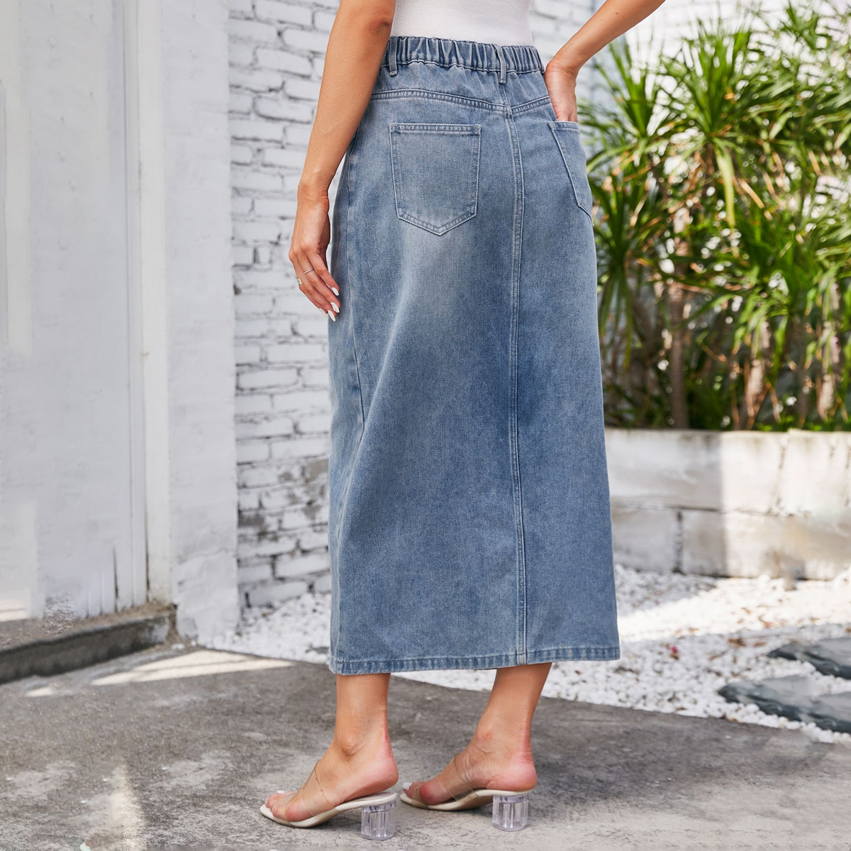 Women?™s Washed Denim Midi Skirt with Slit_CWJSK0196