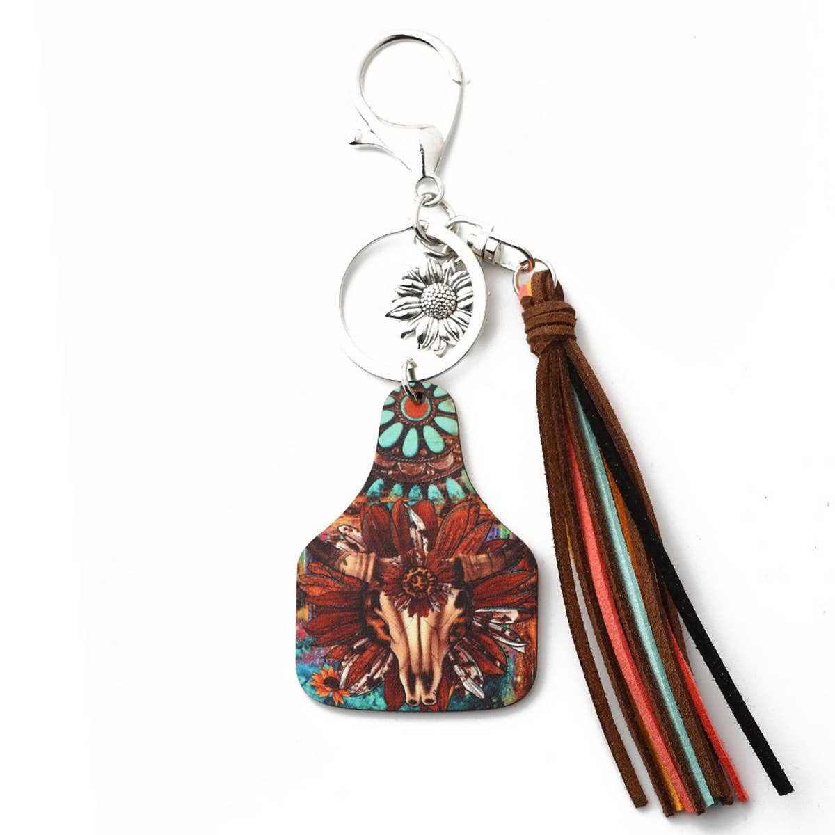 Western Bull Head Leather Tassel Sunflower Keychain_CWAB5089