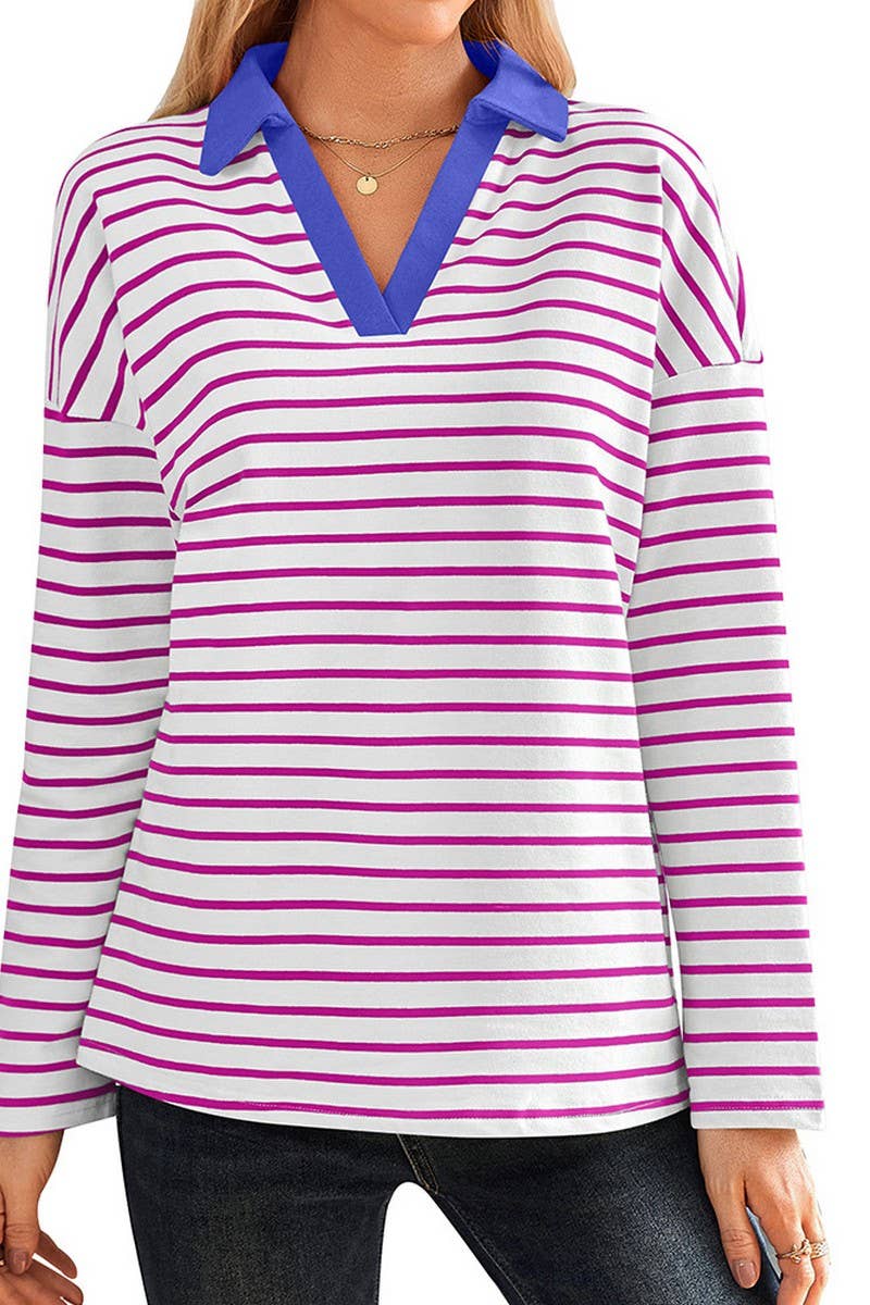CWTBLL3674_STRIPED V-NECK LOOSE LAPEL SWEATSHIRT TOP