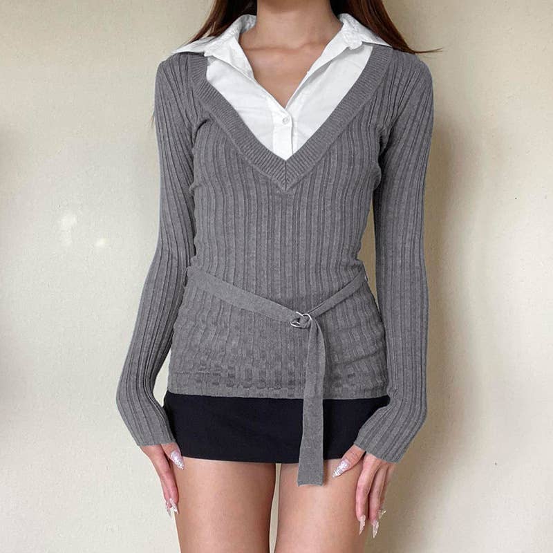 CONTRASTING COLOR POLO COLLAR FAKE TWO T-SHIRTS