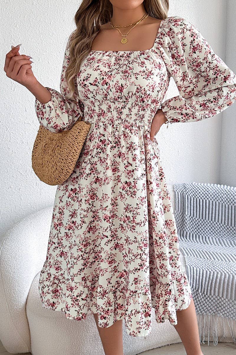 CWDMD6025_FLORAL SQUARE NECK LONG SLEEVE RUFFLE DRESS