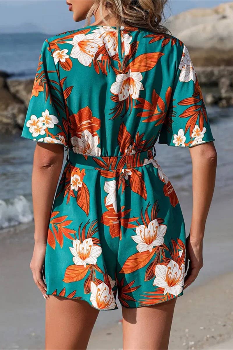 CWSJS1515_BEACH VACATION STYLE LOOSE BELT PRINTED JUMPSUIT