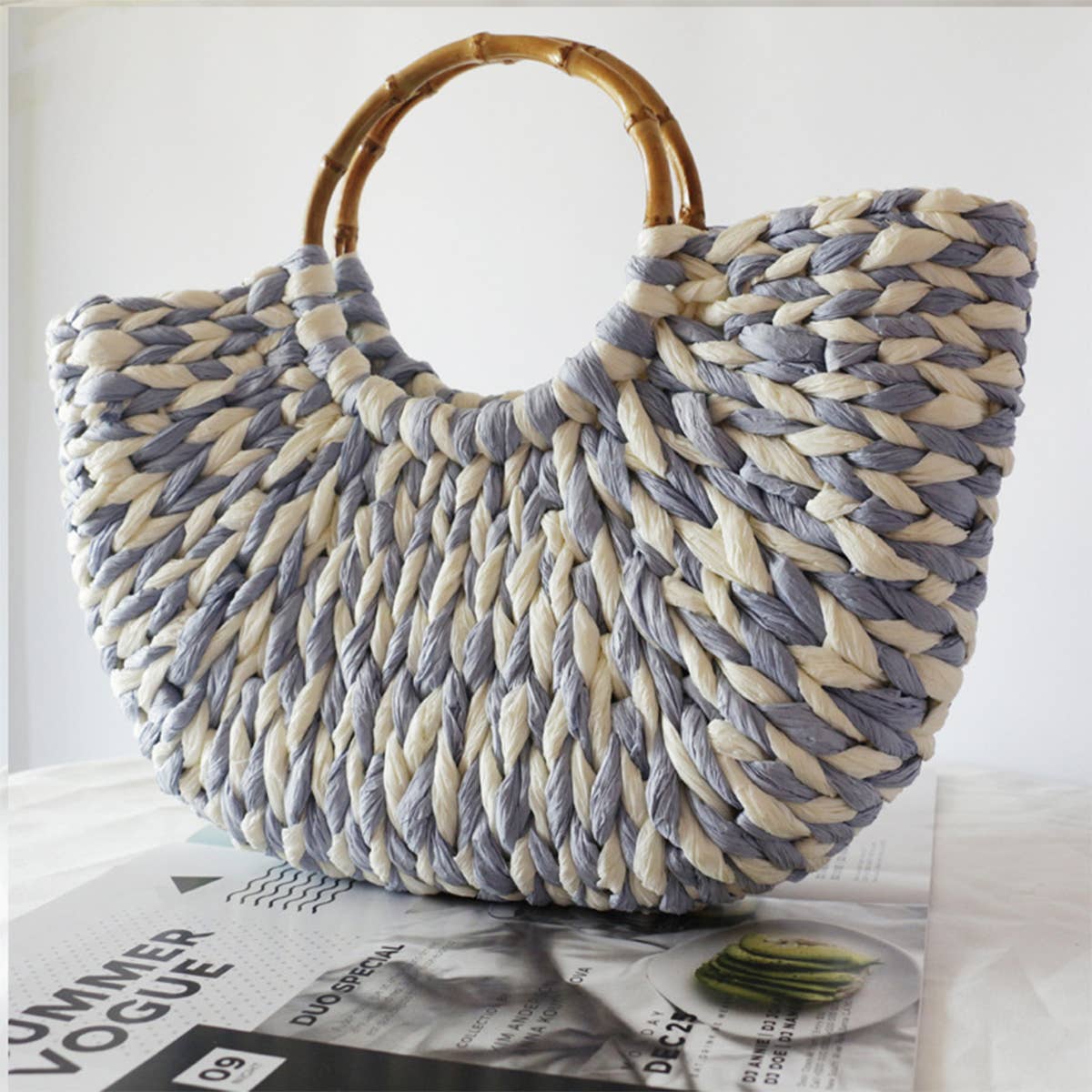 Medium Weaving Straw Bags With Bamboo Handles_CWAB0815