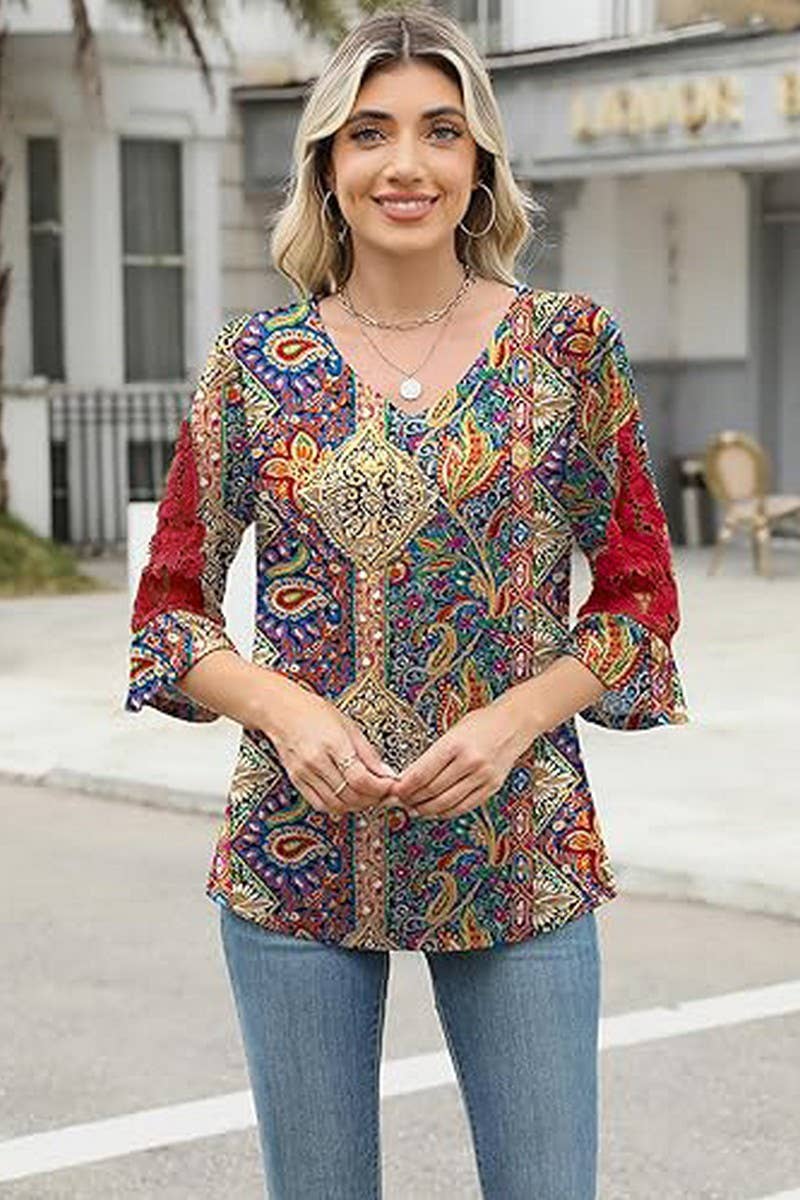CWTBLL3901_LACE RUFFLE SLEEVE V-NECK PRINT TOP
