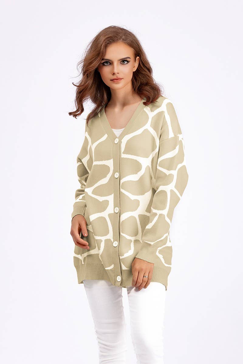 CWOCAL00664_JACQUARD KNIT V NECK LONGLINE CARDIGAN