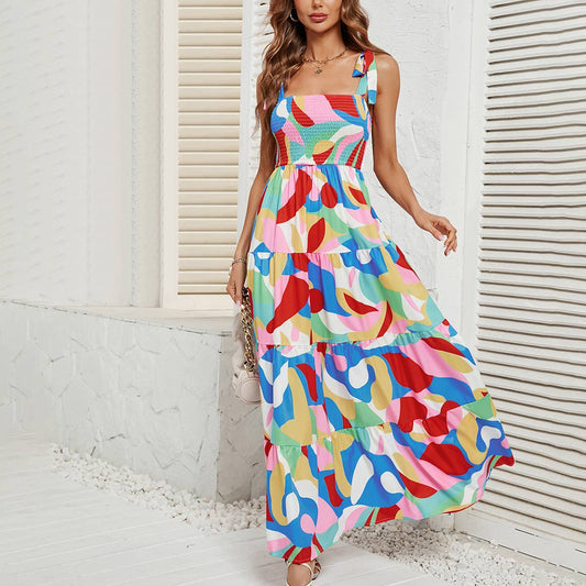 Drawstring print waist dress